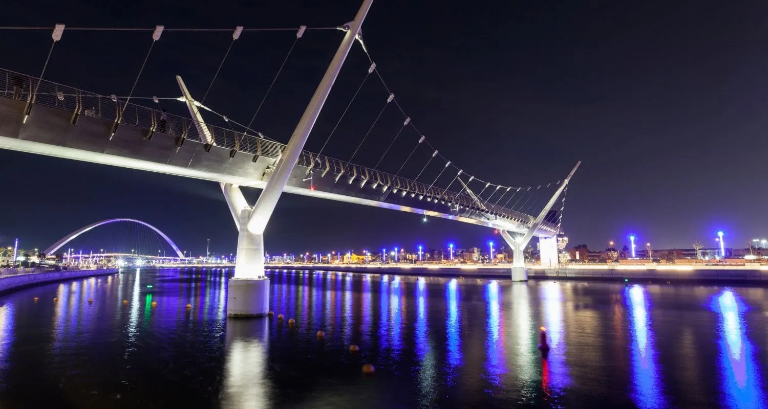 Dubai Canal and its bridges at night