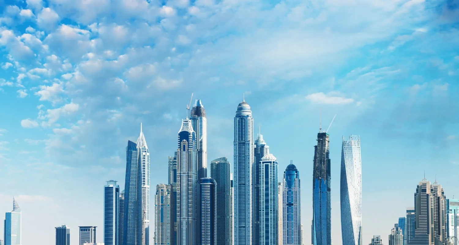 The Dubai skyline during a sunny day.