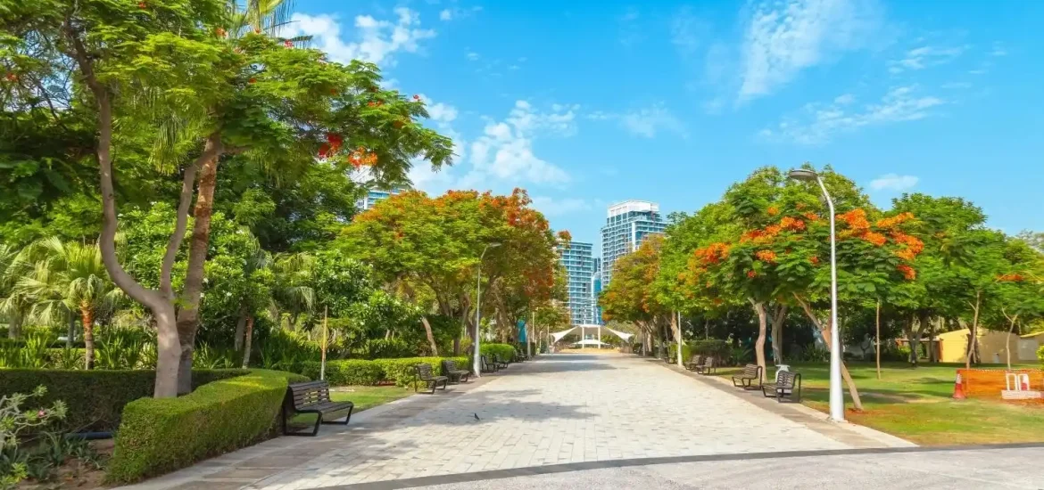 Tree-lined walkway in Zabeel Park, one of the most popular public parks in Dubai